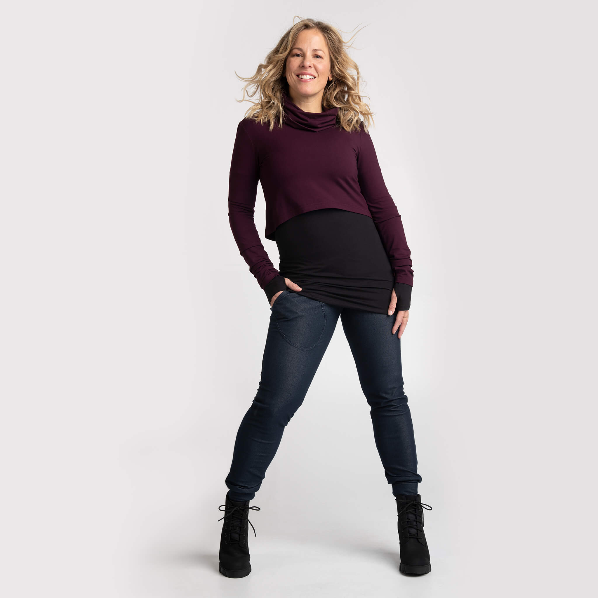 Jegging Jody bleu, Valentia bordeaux, chandail Kaelie noir: des créations Québécoises signées KSL!