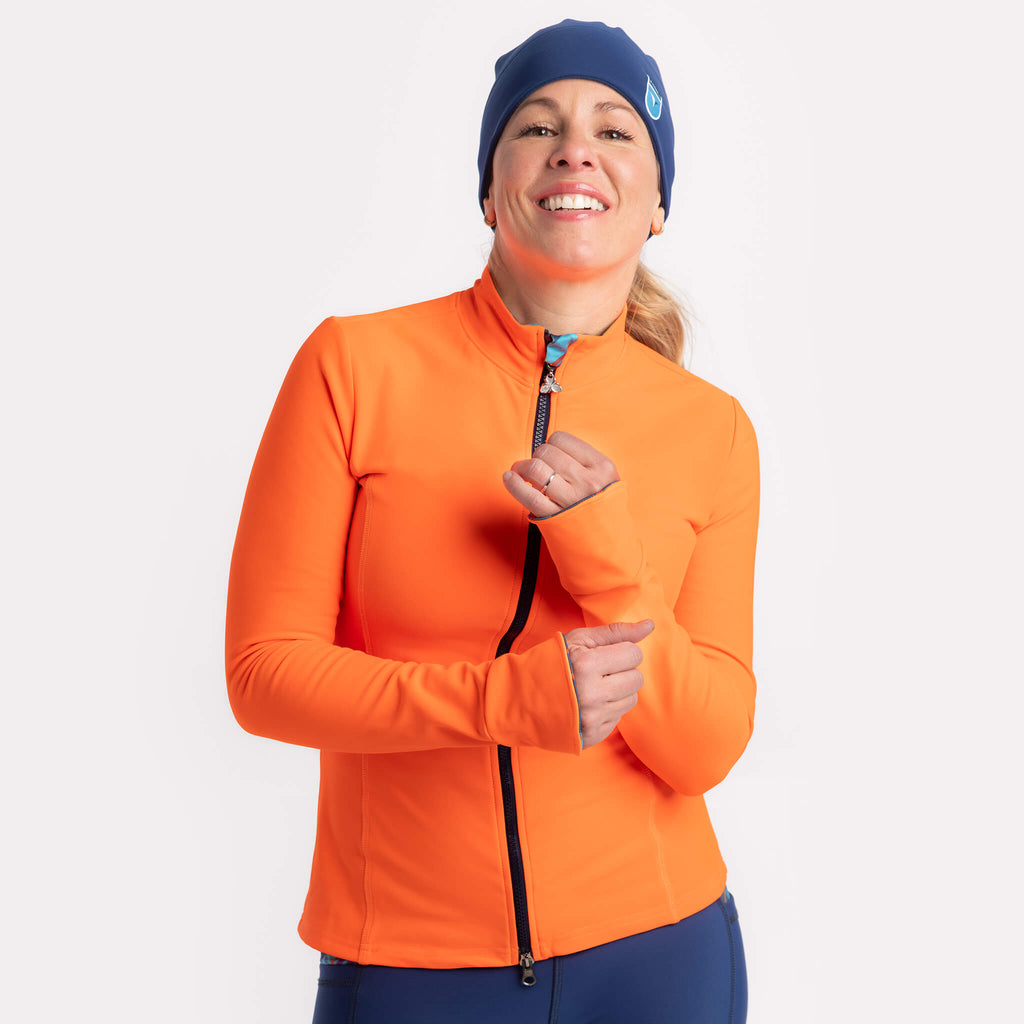 Veste Taiga orange, legging toundra marine, tuque Louise marine, Édition limitée 15 ième anniversaire: des créations Québécoises signées KSL!