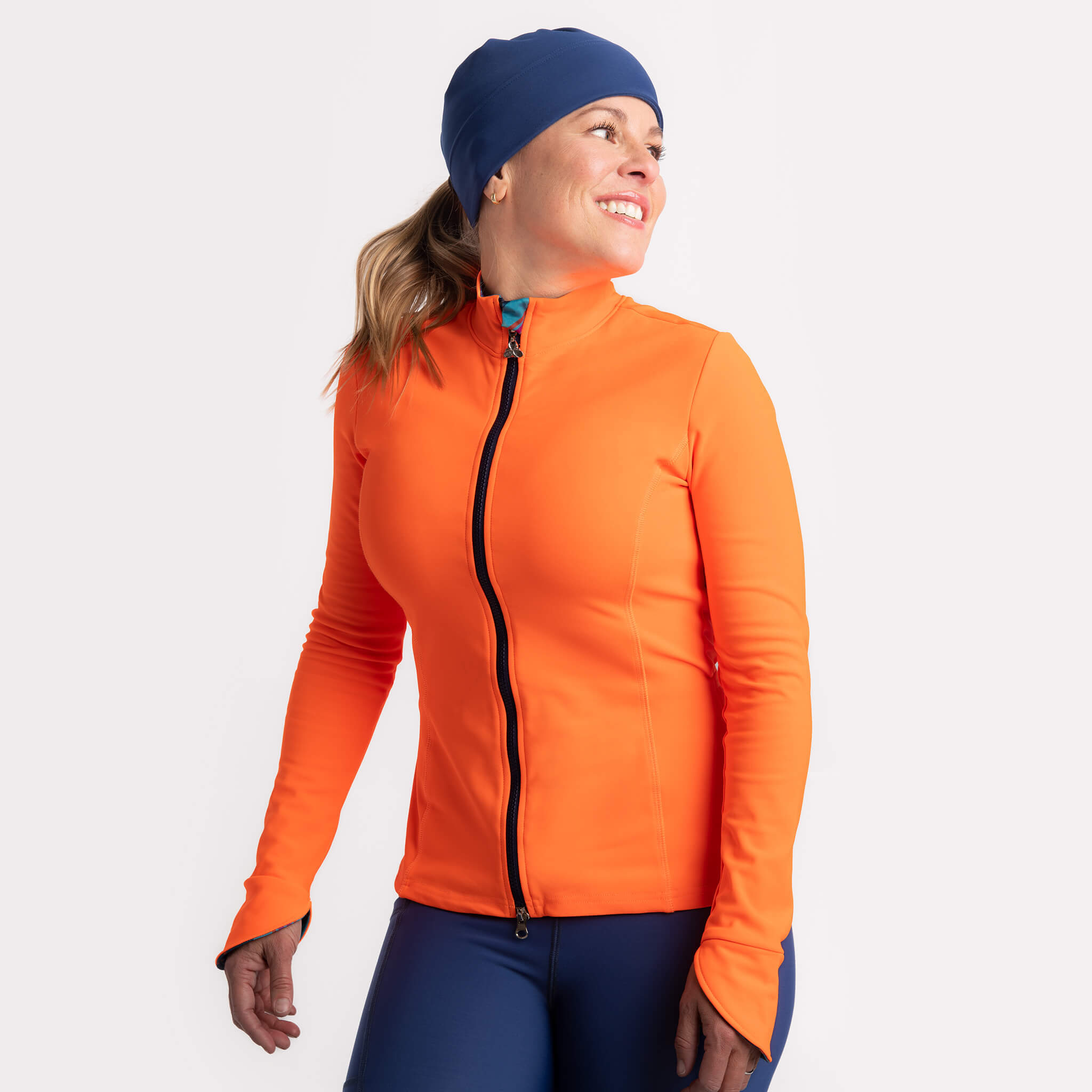 Veste Taiga orange, legging toundra marine, tuque Louise marine, Édition limitée 15 ième anniversaire: des créations Québécoises signées KSL!